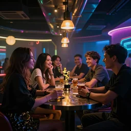 cyberpunk bar with very cool people, atmospheric perspective, beautiful lighting, award winning interior design, happy vibes, artstation, design by dreadjim