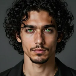 handsome!! hyper realistic man with curly black hair, tan skin, green iris ', anchor goatee, symmetrical | art by hirohiko araki & jean giraud & artgerm
