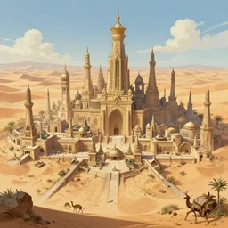 detailed epic fantasy drawing of a fantastical city in the desert
