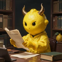 antropomorphic lemon with devil horns sorts an archive, lemon person, person with lemon head, devil horns, archive, realistic photograph, dark