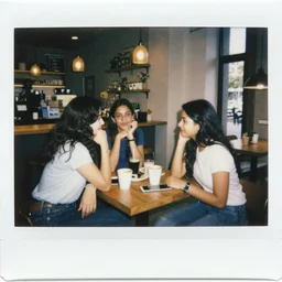 polaroid photo of isha gossiping with friends in the campus coffee shop