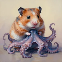 painting of hybrid hamster and octopus fused together, animal crossbreed, blended, by zdzislaw beksinski, by lewis jones, mattias adolfsson, cold hue's, warm tone gradient background, concept art, digital painting