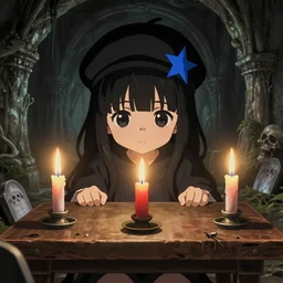 1 3 - year - old anime girl with black hair, hair over eyes, bangs over face, wearing black beret, blue star, paris catacombs, underground catacombs, molotov cocktails, table, carpenter's table, spooky catacombs, sharp details, subsurface scattering, intricate details, anime, anime hd wallpaper, 2 0 1 9 anime screenshot