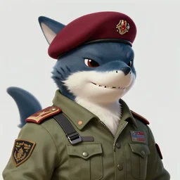 beautiful portrait commission of a male furry anthro!!! bat shark wearing military clothes and a maroon beret. Active Warzone with explosions Atmospheric. Character design by charlie bowater, ross tran, artgerm, and makoto shinkai, detailed, inked, western comic book art