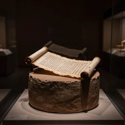 a photo of a museum display showing a cylindrical clay holding a dead sea scroll with nabeatean writing, dark, brooding, atmospheric, volume lighting