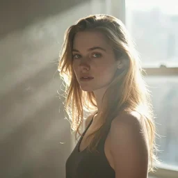 very very beautiful photograph of emily skinner looking like annie leonhart standing next to a window god rays shining on her from the sunlight, volumetric fog, smoke, depth of field, beautiful composition, very very very beautifull face, on artstation and instagram