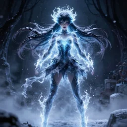 photorealistic full body shot of masterpiece angry darkness anime girl, beautifull manga lovely eyes, electric aura with particles, snowing frozen ice, darkness background, inspired by tim burton, detailed, unreal engine 4 k, volumetric light, fog