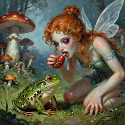 Horrifying hyper realistic godlike fairy eating a live a frog , detailed mushroom village in the background , low angle, Greg rutkowski legendary matte painting, post-processing, fantasy , masterpiece , junji ito, painting , vibrant colors