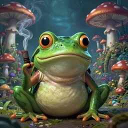 A centered chest up portrait of a scary psychedelic godlike anthropomorphic frog smoking tobacco , magic mushroom village in background . award winning. superb resolution. in the art style of junji Ito and greg rutkowski . Detailed Mushroom city in background. Hyper realistic anime. Perfect art. Dalle2