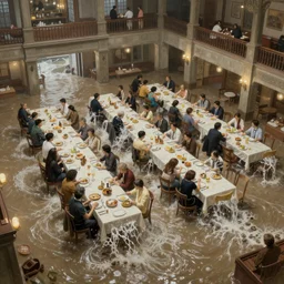 huge dining saloon flooding, water sloshing around, bird's eye view, cinematic wide shot, high detail, realist painting