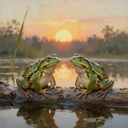 Two frogs sitting on a log in a pond, the sun is setting. Oil painting