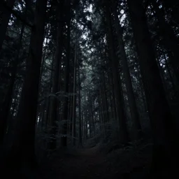 a forest at night, lots of trees, black accents, fantasy style, 8 k