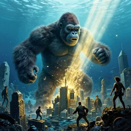 kingkong destroying the city of atlantic underwater, a ray of sunlight, greg rutkowski, moebius, mohrbacher, frazetta, roy krenkel, boris vallejo, and manuel sanjulianblue, gold color scheme, ultra - wide angle, ultra - detailed, light effect, mystical, cinematic