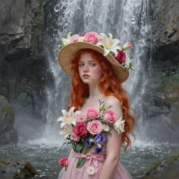 oil painting, gray, pink, contrast, waterfall cave, redheaded girl wearing a hat of flowers and dress of fresh flowers, decorated with flowers, roses, lilies, chrysanthemums, irises, water drops, water jets, overhead light, high quality octane render 4 k, 8 k