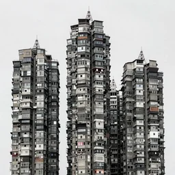 many intertwined high towers with stacked makeshift squatter shacks, uniform plain sky, mamiya, very sharp, very detailed, photographed by cristina de middel