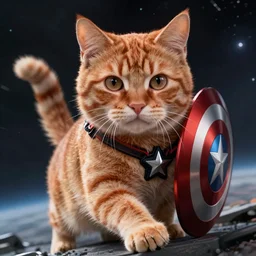 photorealistic art of an orange tabby cat as captain america, dynamic lighting, space atmosphere, hyperrealism, stunning visuals