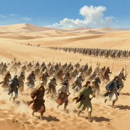 crusaders charging across the desert sand at the arabian army, medieval, highly detailed, digital painting, concept art, sharp focus, by makoto shinkai