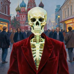 realistic detailed closeup portrait painting of a single glowing skeleton wearing crimson velvet blazer in a crowded futuristic moscow street by denis villenueve, jean delville, amano, yves tanguy, alphonse mucha, ernst haeckel, ilya repin, edward robert hughes, andrei tarkovsky, roger dean, rich moody colours