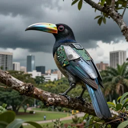tropical bird with chrome beak and robotic scifi metal wings perched on a tree branch, lush city park, daytime, intense storm clouds, city background, electronics circuit board and wires, panels and rivets, grunge and dirt, sharp details, octane render