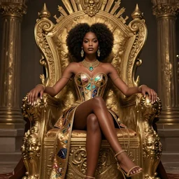 african princess, inspired by yara shahidi with an afro, sitting legs crossed on an large epic throne inspired by giger, royalty, wearing corset inspired by brom art, inspired by artgerm, character concept art by celinart.
