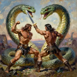 oil painting by frank frazetta of conan! fighting against a giant snake!!!, conan vs snake, armed with a steel sword, mid shot, in the style of frank frazetta and artgerm
