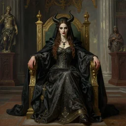 Realistic painting of beautiful evil priestess woman in detailed costume, sitting on a throne in a throne roome in a palace dramatic lighting, high-detailed oil painting by Ilya Repin, William Blake, Michelangelo da Caravaggio, Alex Grey and Beksinski, masterpiece, 4k