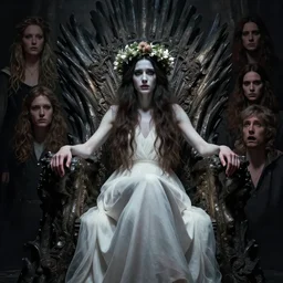 masterpiece concept art of a beautiful brunette woman with pale skin and a flower crown in a white dress seated on an intricate shadow throne, a beautiful highly detailed fae lady, extremly emotional, cinematic moody colors, realistic shaded lighting poster by ilya kuvshinov, magali villeneuve, artgerm, jeremy lipkin and michael garmash and rob rey