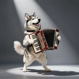 a happy husky dog playing the accordian