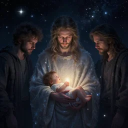 out in the dark, among the stars, the god is born by barclay shaw, andreas rochas, dan mumford and craig mullins and killian eng. 8 k, intricate details, illustration, dynamic lighting, unreal engine, featured on artstation, soft glow, volumetric lighting