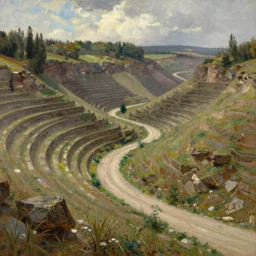 a winding path through an amphitheater - like valley, extremely detailed oil painting, sargent and leyendecker, savrasov levitan polenov, bruce pennington, tim hildebrandt, digital art, landscape painting, trending on artstation, masterpiece