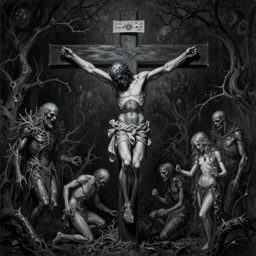 Scorn themed painting of unholy darkness crucifixion concept, intricate artwork by H.R. Giger, Johnatan Wayshak, Zdizslaw Beksinski, Ayami Kojima, Amano, Karol Bak, Moebius, and Mark Brooks, Neo-Gothic, gothic, rich deep colors, art by Takato Yamamoto, masterpiece, face by Artgerm, very coherent artwork, cinematic, hyper realism, high detail, octane render, unreal engine, 8k, High contrast, golden ratio, trending on cgsociety