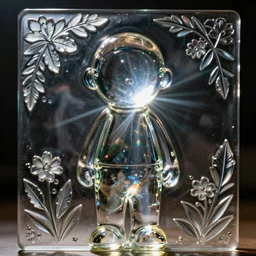 close up portrait of Fedya the shining glass figurine, in empty space, embossed panel with leaves and flowers, carefully crafted, refracting light, caustics, light rays beaming through, epic 8k, Zeiss 75mm