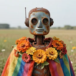 closeup portrait of a rusted robot wearing a cloak made of zinnias and rainbows, in an empty field, by Annie Leibovitz and Steve McCurry, natural light, detailed face, CANON Eos C300, ƒ1.8, 35mm, 8K, medium-format print