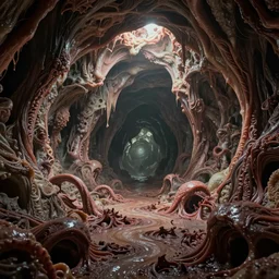 a surreal, hellish, and maddening cave made of flesh going infinitely into the background in the style of zdzisław beksinski in the style of h. r. giger trending on artstation deviantart pinterest furaffinity detailed realistic hd 8 k high resolution