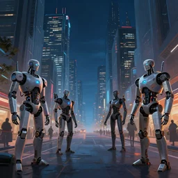 street view of robot city. night. robots. cyberpunk. robotic. futuristic. victor enrich. cybernetic. vincent di fate. night sky. beeple. jim burns. trending on artstation. digital painting
