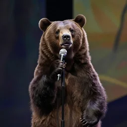 A bear on a stage talking into a microphone with a sincere look