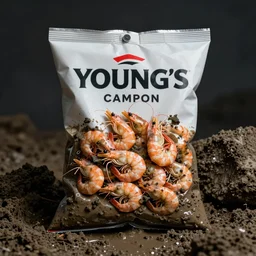 a bag of young's scampi filled with mud
