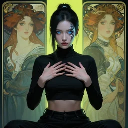 cyberpunk full shot, sitting, very detailed, cgsociety, artstation, female, black clothing, dark hair, clean, symmetry, blue eyes, intricate, impossible beauty, eye implant bionic, ponytail, staring in the void, art by krenz cushart and artem demura and alphonse mucha,, high neck crop top, hands covering chest