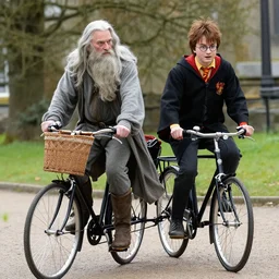 gandalf and harry potter riding a tandem bicycle