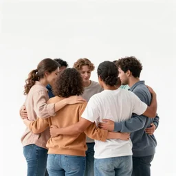 a photograph of a group of people hugging each other at the edge of a cliff with mountains in front of them as the sun sets, realistic, 8 k, bright, wallpaper