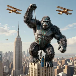 art deco king kong climbing the empire state building with bi-planes flying around him. highly detailed. cinematic