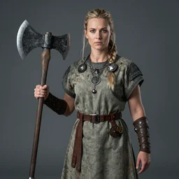 an female viking wearing short sleeved robes holding an giant axe