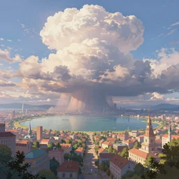 concept art of a futuristic city near to a big lake by greg rutkowski, storm clouds, nostalgic, very very very beautiful art, cinematic lighting, romanticism by goya, bright pastel color, blue sky