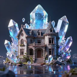 an abandoned mansion on a humongous luminescent crystal biome by pixar, smooth, cinematic, wet reflections, ray tracing x, rtx, smooth