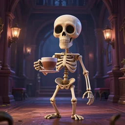a very expressive and funny skeleton character holding a cup of coffee on a horror mansion hall. pixar disney 4 k 3 d render funny animation movie oscar winning trending on artstation and behance. ratatouille style.