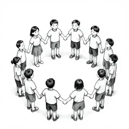 people standing in a circle holding hands, sketch, ink