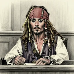 jack sparrow a testifying in court. pencil court sketch. intricate. highly professionally detailed.