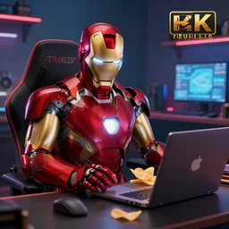 iron man play laptop and eating chips, gamer room, trending on artstation, highly detailed, sharp focus, digital art, 8 k