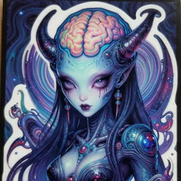 closeup of a cyber demoness, adorable, eldritch, woman alien abomination of unimaginable horror by h. r. giger and junji ito, speculative evolution, psychedelic illustration, op art brain, sticker illustration