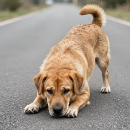 a man like a dog waking on the road, dog head, two legs, furry skin, photo